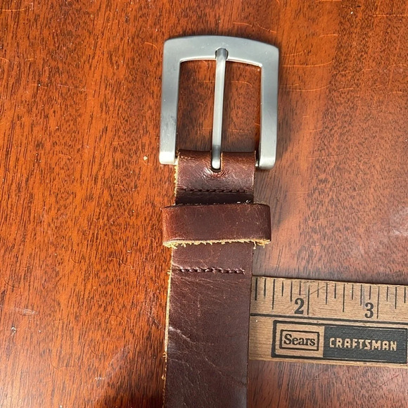 VINTAGE Mens Nutmeg Brown Genuine Leather Belt Brushed Silver-tone Buckle Size M - Picture 9 of 10